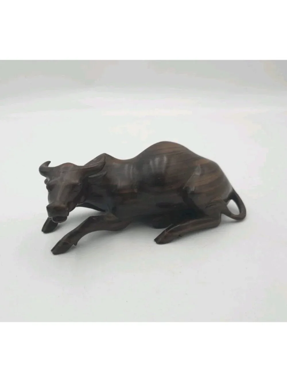 Vintage Hand Carved Wooden Resting Bull Ox Figurine Dark Wood Animal Sculpture